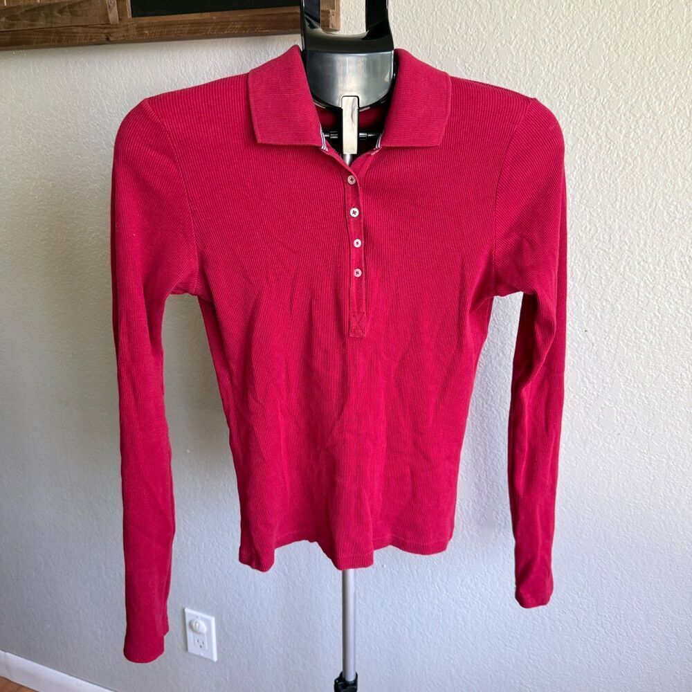 Abercrombie and Fitch Y2K Ribbed Knit Long Sleeve Half Button Collared Women's L